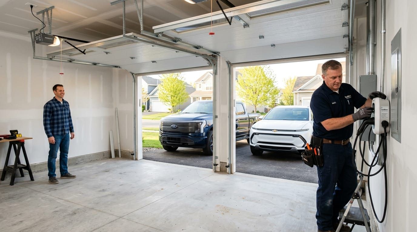 Electrician installing a dual-port Level 2 charger in a new-build three-car garage in Maple Grove