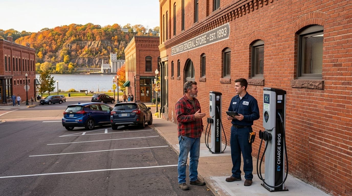 Two EV charger pedestals beside a historic brick building in downtown Stillwater Minnesota