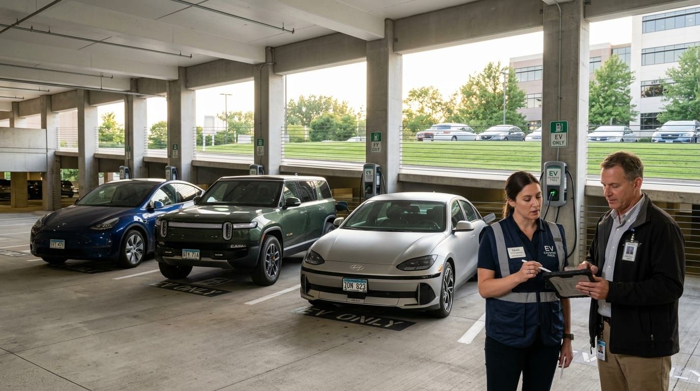 Row of six EV charger pedestals in an Eden Prairie corporate office parking structure